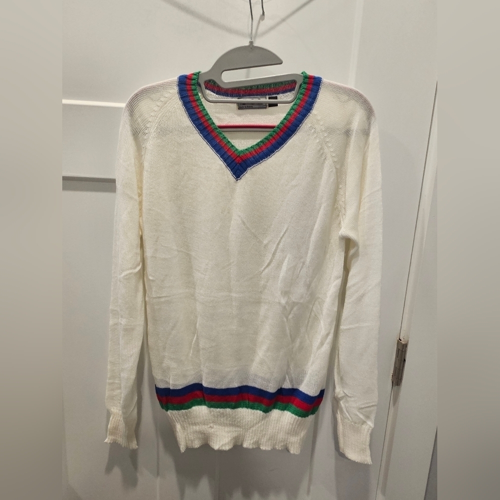 POL Korea V-Neck Sweater Small Ivory Red Green Blue Trim Preppy Varsity Style